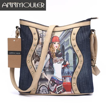 Annmouler Marka Kadın Çantası Patchwork Bayanlar postacı çantası Moda Denim omuzdan askili çanta Karikatür Baskı Crossbody Çanta Fermuar