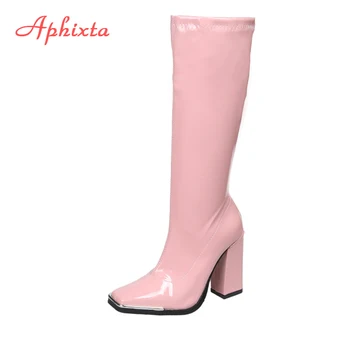 Aphixta 2022 Kış Uzun kadın Yüksek Çizmeler Pembe Yeşil Patent Deri Lüks Kare Ayak Tıknaz Topuklu Chelsea Çizmeler Kadın ayakkabıları