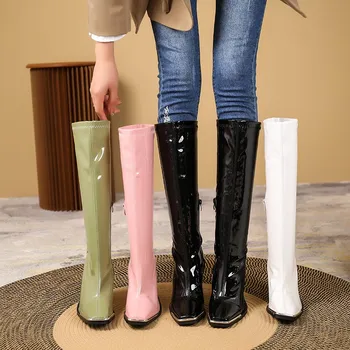 Aphixta 2022 Kış Uzun kadın Yüksek Çizmeler Pembe Yeşil Patent Deri Lüks Kare Ayak Tıknaz Topuklu Chelsea Çizmeler Kadın ayakkabıları Görüntü 2