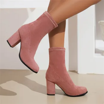 Artı Boyutu 32-45 Yeni Bayanlar Katı Çorap Çizmeler Moda Tıknaz Yüksek Topuklu yarım çizmeler Kadın 2022 Parti Ofis Ayakkabı Kadın Görüntü 2
