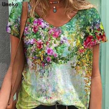 Artı Boyutu 5XL grafikli tişört Giyim Yaz Yeni Moda Kadın V Yaka Çiçek Baskı Kısa Kollu rahat bol tişört Y2k Üst Görüntü 2
