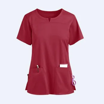 Artı Boyutu Hemşirelik Scrubs V Yaka Kadın Bluz Kısa Kollu Hemşire Çalışma Üniformaları Hemşire Düz Renk Üst T shirt Cep 2021 A50 Görüntü 2