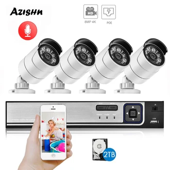 AZISHN H. 265 + 4CH 8MP 4K CCTV Sistemi POE NVR Kiti 3840X2160 Ses Su Geçirmez Metal IP Kamera Bullet ev güvenlik kamerası Sistemi