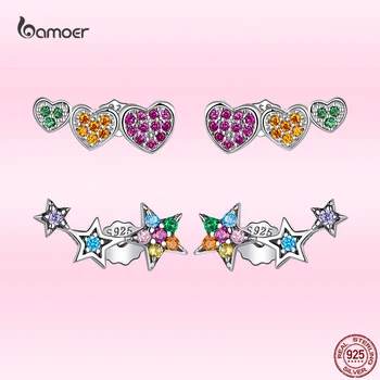 Bamoer 925 Ayar Gümüş Renkli Yıldız Kalp Kulak Çiviler Küpe Kadınlar için Kompakt Sevimli Küpe Güzel Takı Hediyeler Kız İçin