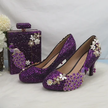 BaoYaFang Yuvarlak Ayak Mor kristal Tavuskuşu Gelin Düğün ayakkabı ve çanta seti Moda kadın Yüksek topuk platform ayakkabılar Bayanlar Pompaları