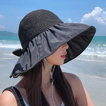 Basit Panama Katlanabilir Geniş Ağzına Disket Kızlar Hasır Şapka Güneş Şapka Plaj Şapka Kadın Yaz UV Seyahat Cap Bayan Kap Dişi Korumak  Görüntü 2