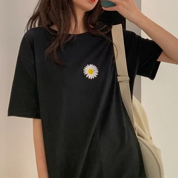 Basit Papatya İşlemeli Kadın Yaz kısa kollu tişört Gevşek üstleri Harajuku Sevimli Kız Kawaii Tee Estetik Büyük Boy T-shirt Görüntü 2