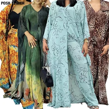 Baskı Kaftan Abaya + Geniş Bacak Pantolon Setleri Afrika Giysi Kadınlar için 2022 Yaz Maxi Elbiseler Rahat 2 Parça Set Boubou Kıyafetler Görüntü 2