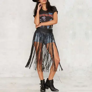 Bayan Yüksek Bel Faux Deri Fringe Püsküller Etek Vücut Koşum Snap Düğmeleri ile Cadılar Bayramı Partisi Punk Rock Clubwear Görüntü 2