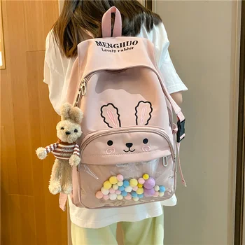 Bayanlar Sevimli Pembe Sırt Çantası Kadın Karikatür Tavşan Anime okul çantası Kawaii Ayı Genç Kolej Kız Şeffaf Kitap Çantası Büyük Kore Sırt Çantası