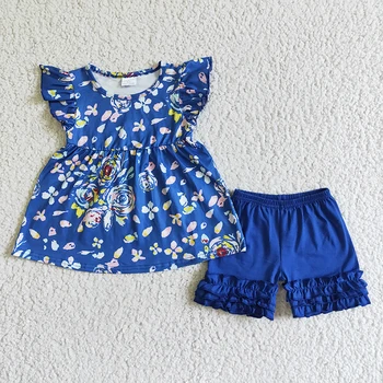 Bebek Kız Çiçek Giyim Çocuk Yaz Çiçek Kısa Kollu Üst Toptan Toddler Pamuk Fırfır Mavi Şort Çocuklar Kıyafet Seti