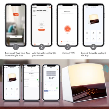 Benexmart Tuya WiFi Akıllı Uyandırma ışıklı çalar saat Gündoğumu Lambası 6 Renk ile 5 Sesler LED Dijital Dokunmatik Saat Erteleme FM Radyo Görüntü 2
