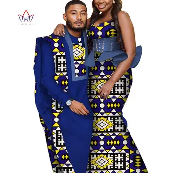 Bintarealwax Afrika Tarzı Çiftler Giyim Bazin Uzun Kadın Elbise ve Erkek Bornoz seti Dashiki Artı Boyutu Düğün Giyim WYQ841