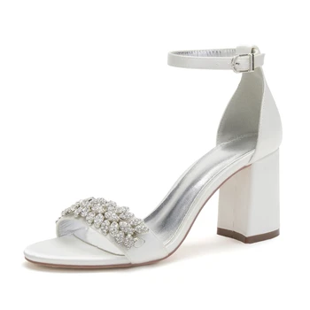 Blok Kalın topuk sandalet Bayan Saten Gece Elbisesi Ayakkabı Metal Kristal zincir Trim Ayak Bileği Kayışı Yüksek Topuklu Düğün Ayakkabı Parti Görüntü 2