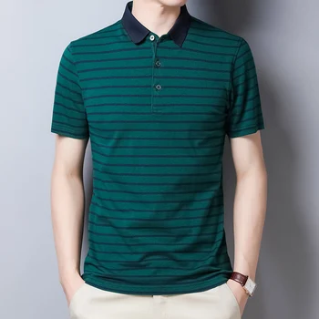 BROWON Çizgili Büyük Boy T Shirt Erkek Moda Turn-Aşağı Slim Fit yazlık t-shirt Pamuk Kısa Kollu Akıllı Casual Tees Tops Erkekler