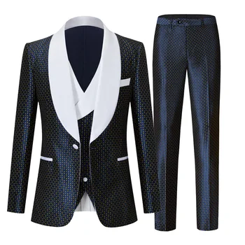 Butik (Blazer + Yelek + Pantolon ) erkek Polka Dot Takım Elbise Moda İş İtalyan Tarzı Zarif Elbise Beyefendi Resmi 3 parça