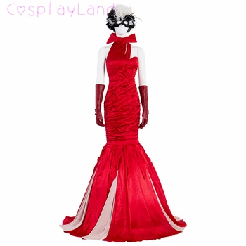 Cadılar bayramı Seksi Cruella Cosplay Kırmızı Elbise Moda Kraliçe Kostüm Düğün Akşam Parti Balo Fantezi Mermaid Elbise Peruk Maske