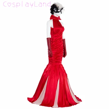 Cadılar bayramı Seksi Cruella Cosplay Kırmızı Elbise Moda Kraliçe Kostüm Düğün Akşam Parti Balo Fantezi Mermaid Elbise Peruk Maske Görüntü 2