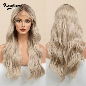 CharmSource Dantel ön peruk Uzun Doğal Dalgalı Saç Kahverengi Ombre Sarışın Beyaz Peruk Siyah Beyaz Kadınlar ıçin Günlük Parti Sentetik Peruk