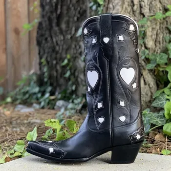 Cowgirl Kadın Batı Botları Kalp İle 2022 Marka Yeni Kovboy İşlemeli Rahat Moda Kadın Orta buzağı Çizmeler Ayakkabı Artı Boyutu 46 Görüntü 2