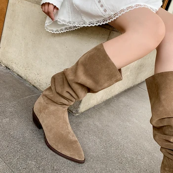 Cowgirls Batı Çizmeler Kadın Üzerinde Kayma Basit Pilili Orta Buzağı Ayakkabı İnek Süet Günlük Botas Sivri Burun Bahar Sonbahar Kadın Çizmeler