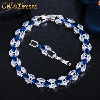CWWZircons Çarpıcı Kübik Zirkonya Gelin düğün takısı Gümüş Renk Mavi Kristal CZ Bilezik Nedime Hediye CB026