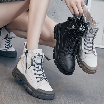 CXJYWMJL Hakiki Deri Kadın Sonbahar Sneakers Yan Fermuar Yüksek Üst vulkanize ayakkabı Bayanlar Rahat Spor Kalın Taban Paten Ayakkabı Görüntü 2