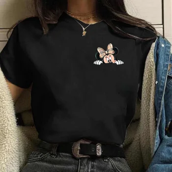 Disney Karikatür Minnie Cep Ekose Baskı T Shirt Kadın Kawaii Fare Grafik Tees Harajuku Komik 90S T-shirt Streetwear Giyim