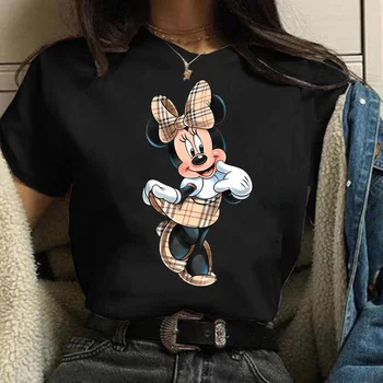 Disney Karikatür Minnie Cep Ekose Baskı T Shirt Kadın Kawaii Fare Grafik Tees Harajuku Komik 90S T-shirt Streetwear Giyim Görüntü 2