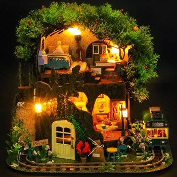 DIY Ahşap Bebek Evleri Minyatür Yapı Kitleri Orman Ağacı Ev Casa Dollhouse Mobilya Villa Oyuncaklar Kızlar için Noel Hediyeleri Görüntü 2