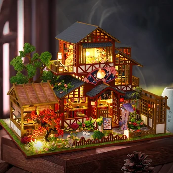 DIY Ahşap Minyatür Yapı Kiti Bebek Evleri Mobilya ile Japon Mutfağı Casa Dollhouse El Yapımı Oyuncaklar Kızlar için Noel Hediyeleri