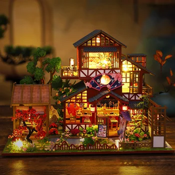 DIY Ahşap Minyatür Yapı Kiti Bebek Evleri Mobilya ile Japon Mutfağı Casa Dollhouse El Yapımı Oyuncaklar Kızlar için Noel Hediyeleri Görüntü 2