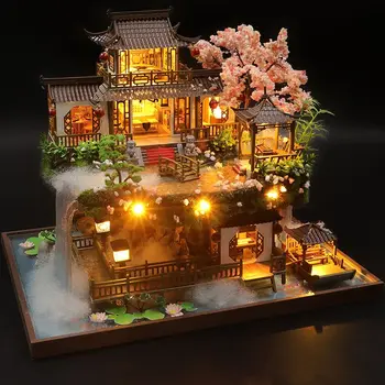 DIY Ahşap Minyatür Yapı Kiti Bebek Evleri Mobilya ile Çin Antik Casa Dollhouse El Yapımı Oyuncaklar Kızlar için Noel Hediyeleri