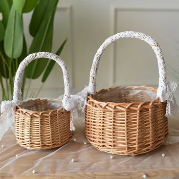 Dokuma Rattan Çiçek Sepeti Düğün Gelin Taşınabilir Küçük Sepet Çiçek Dükkanı Dekorasyon Çiçek Kız Basket El Sanatları Malzemeleri