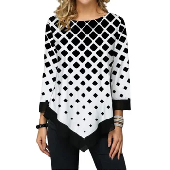 Dropshipping Geometrik şekil Baskı kadın T-Shirt Artı Boyutu Sonbahar Yeni Uzun Kollu T-shirt kadın Giyim Beyaz Siyah Üst
