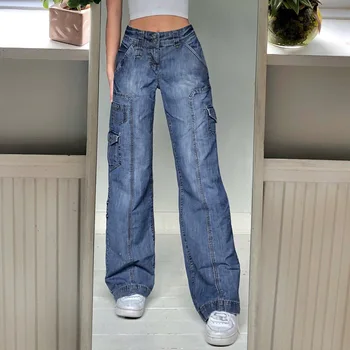 Düşük Bel Kadın Fairycore Baggy Jeans Denim Pantolon Moda Pantolon Anne Kore Streetwear Giyim Vintage Y2K Kadın Kargo
