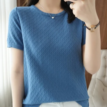 Ekose Örme T Shirt Kadın Kısa Kollu O-Boyun Tee Gömlek Kore Moda Bayan Giyim T Shirt Yaz Üstleri Camisetas Mujer