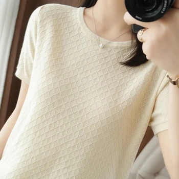 Ekose Örme T Shirt Kadın Kısa Kollu O-Boyun Tee Gömlek Kore Moda Bayan Giyim T Shirt Yaz Üstleri Camisetas Mujer Görüntü 2