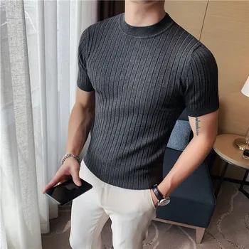 Erkek İnce Çizgili örgü tişört 2022 Bahar Yeni Yüksek Kaliteli erkek Düz Renk Rahat Yüksek Boyun kısa kollu tişört Erkek Giyim