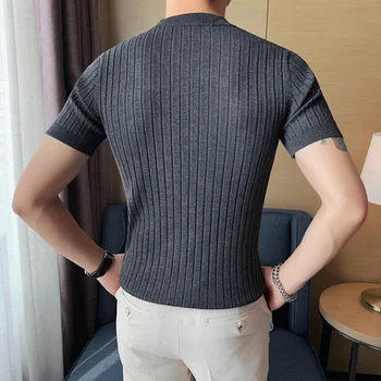 Erkek İnce Çizgili örgü tişört 2022 Bahar Yeni Yüksek Kaliteli erkek Düz Renk Rahat Yüksek Boyun kısa kollu tişört Erkek Giyim Görüntü 2