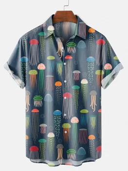 Erkek Kısa Kollu Gömlek 2022 Sıcak Satış erkek Moda Vintage Giyim Denizanası Rahat Erkek Kısa Kollu Gömlek Görüntü 2