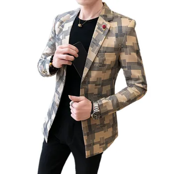 Erkek Moda Slim Fit İki Düğme Baskı Yüksek Kaliteli Takım Elbise Ceket / Erkek İş Ekose Trend Tasarım Elbise Blazer Ceket