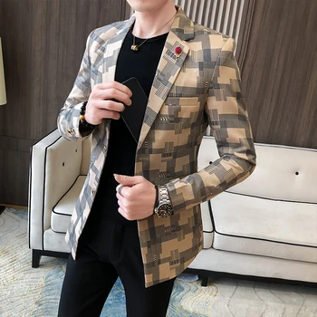 Erkek Moda Slim Fit İki Düğme Baskı Yüksek Kaliteli Takım Elbise Ceket / Erkek İş Ekose Trend Tasarım Elbise Blazer Ceket Görüntü 2