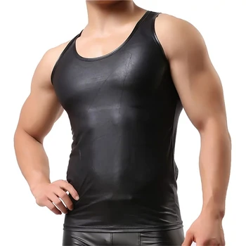 Erkek Seksi PU Deri Tankı Üstleri Kolsuz Erotik Şekillendirme Kılıf Streç Gömlek Yumuşak Lateks Bodycon Patent Deri T-Shirt Sexi Görüntü 2