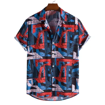 Erkek Vintage Geometrik Baskı Plaj Gömlek Slim Fit Kısa Kollu havai gömleği Erkekler Casual Harajuku Streetwear Chemise Homme XXL