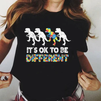 Farklı Olmak Tamam Dinozor Mektup Baskı T Shirt Otizm Kısa Kollu Gevşek Tişörtleri Yaz Kadın Tee Üstleri Camisetas Mujer