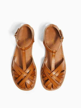 Flats Sandalet Ayakkabı 2022 Yaz Kahverengi Hakiki Deri Toka Kayış Gladyatör Sandalias Femininas Düz tek ayakkabı Kadın