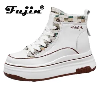 Fujin 6 cm Inek Hakiki Deri yarım çizmeler Platformu Kama Kadın Rahat Eğlence Bahar Sonbahar Bootiess Dişiler Kauçuk Tabanlı ayakkabı