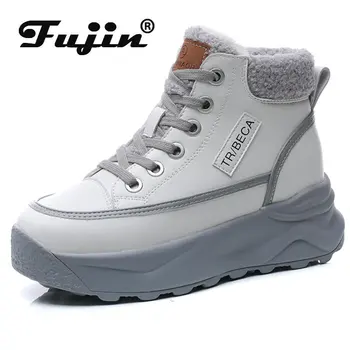 Fujin 7 cm Inek Hakiki Deri Kadın yarım çizmeler Platformu Kama Gizli Topuklu Sıcak Kürk Peluş Kış Ayakkabı Motosiklet günlük çizmeler