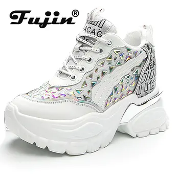 Fujin 8.5 cm hava mesh Hakiki Deri yaz Platformu Kama Platformu delikli sneaker Tıknaz Kadın Taklidi vulkanize Ayakkabı